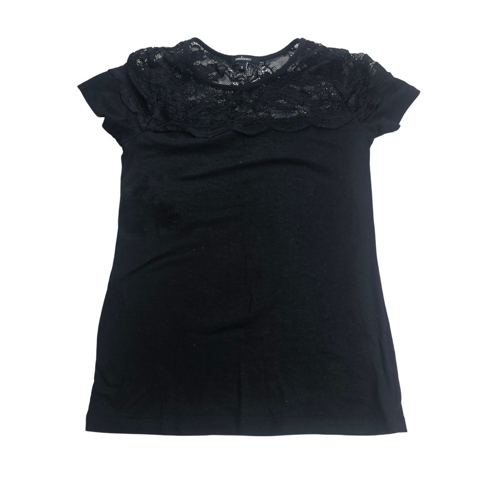 Ambiance Lace Yoke Top Womens Small Black Good Short Sleeve Floral Tee